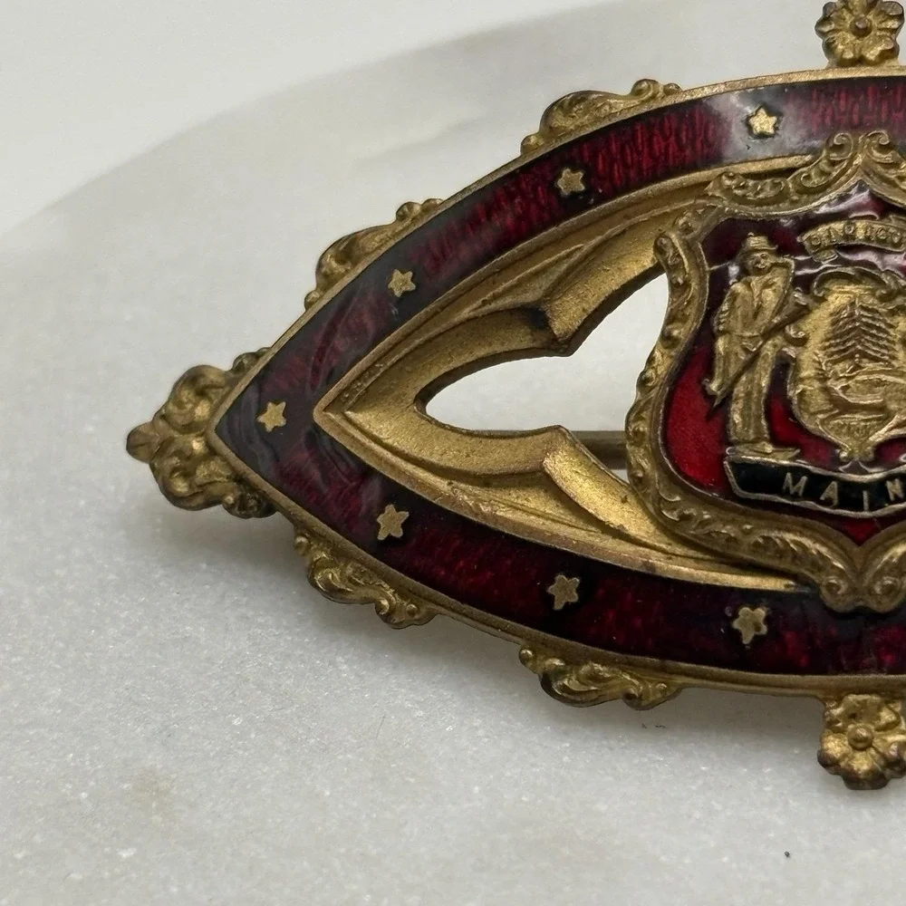 Antique Victorian Sash Pin Guilloche Enamel Pin Brooch Maine Coat of Arms